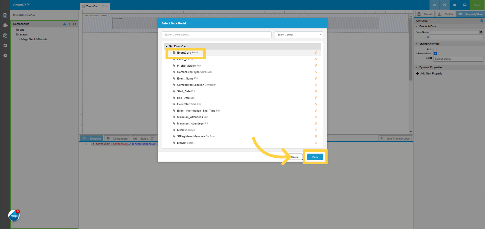 Select Form Name Data Model to Container