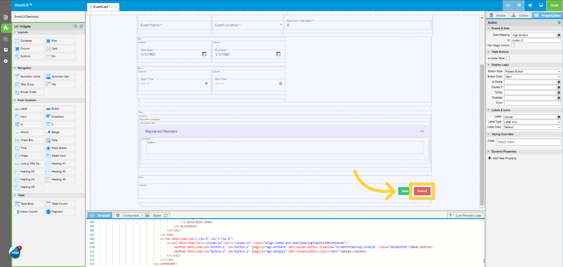 Set properties of Button widget for Cancel operation