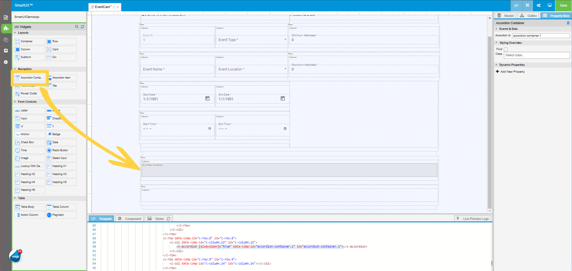 Drag and drop Accordion Container widget inside the Second Row Column inside the Form Container