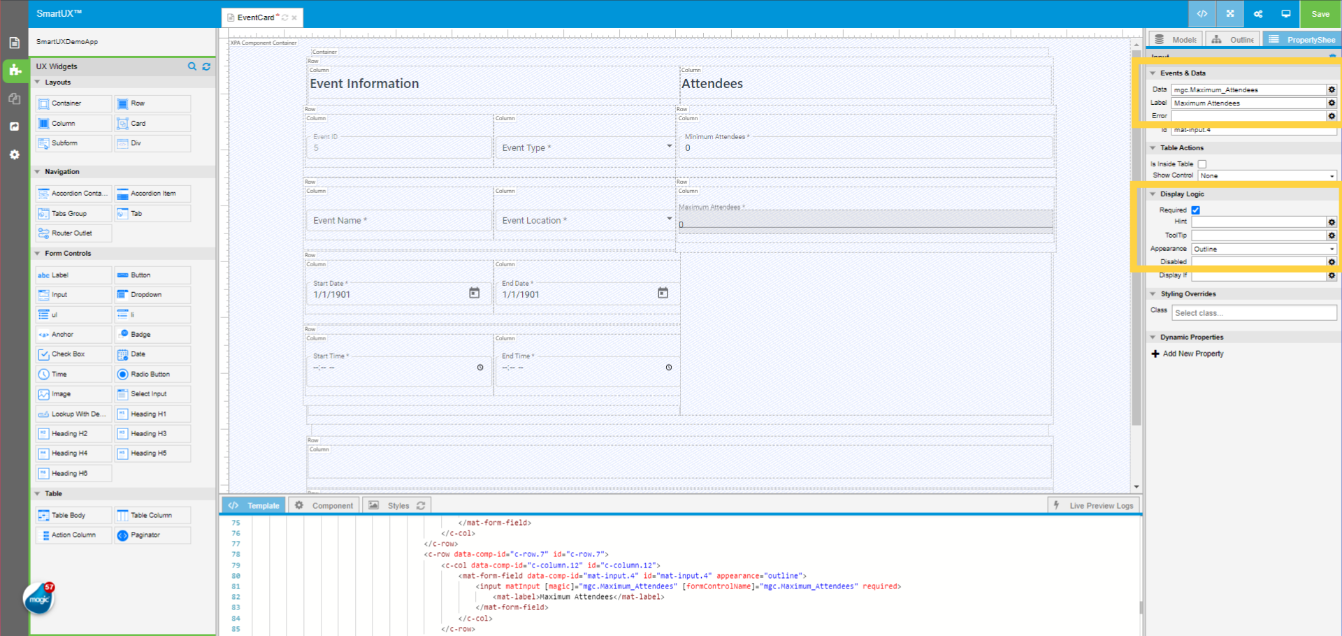 Set properties of Input widget for Maximum Attendees