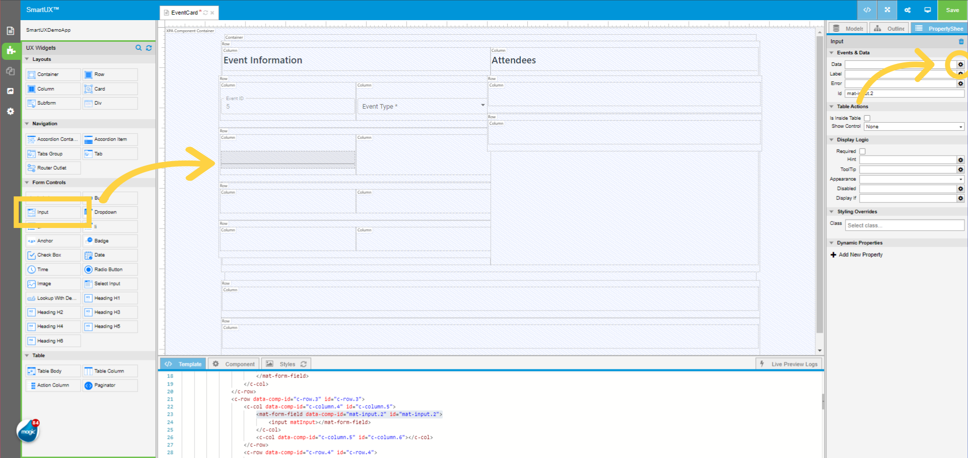 Drag and drop Input to Event Information second Row  inside First Column