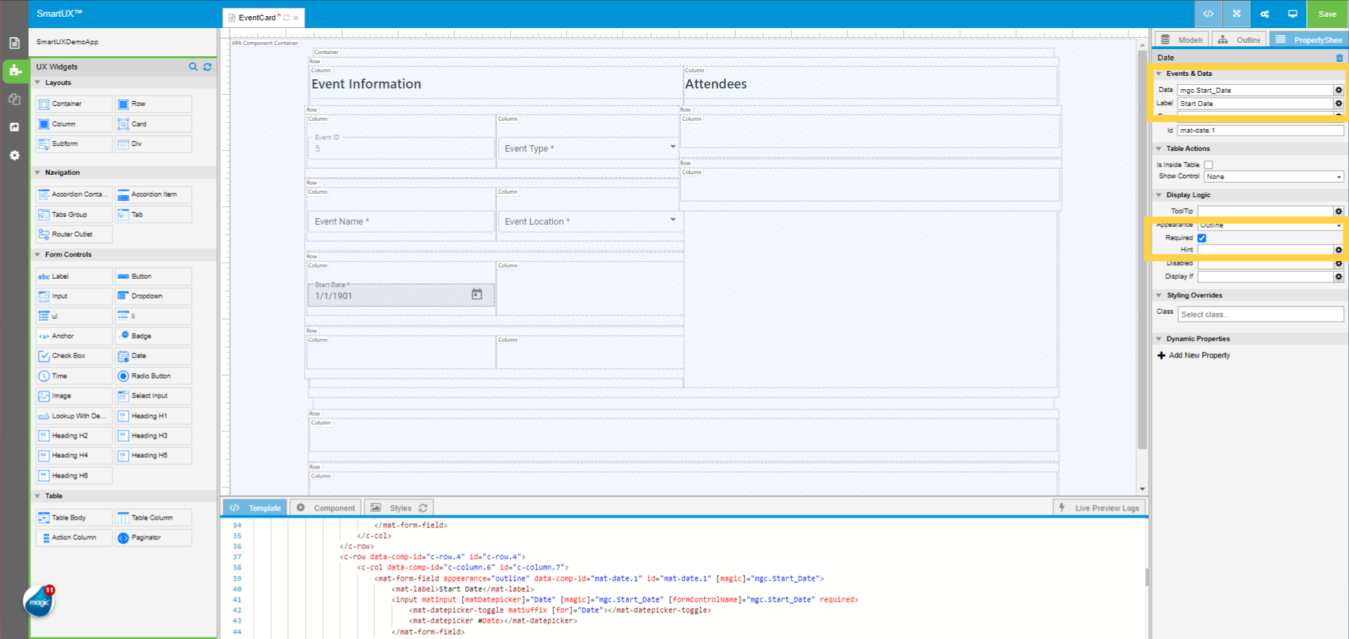 Set properties of Date widget for Start Date