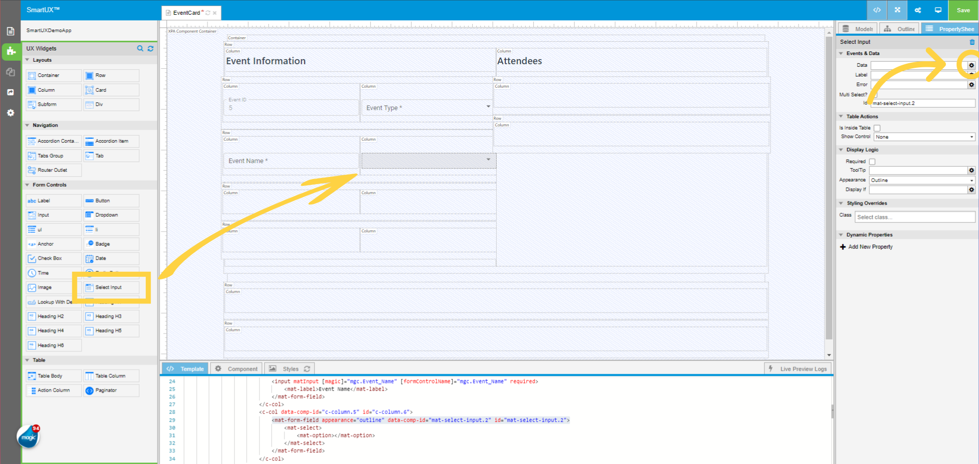 Drag and drop Select Input to Event Information second Row inside the Second Column