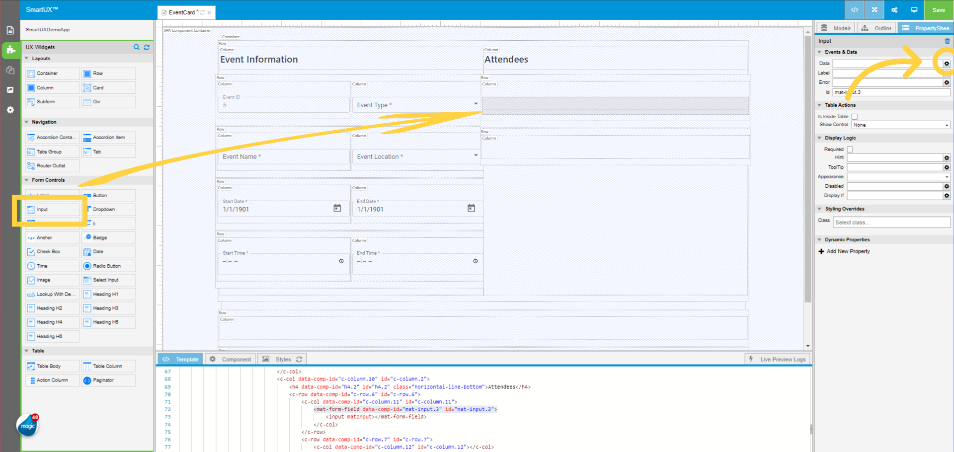Drag and drop the Input widget to Attendees First Row inside the First Column