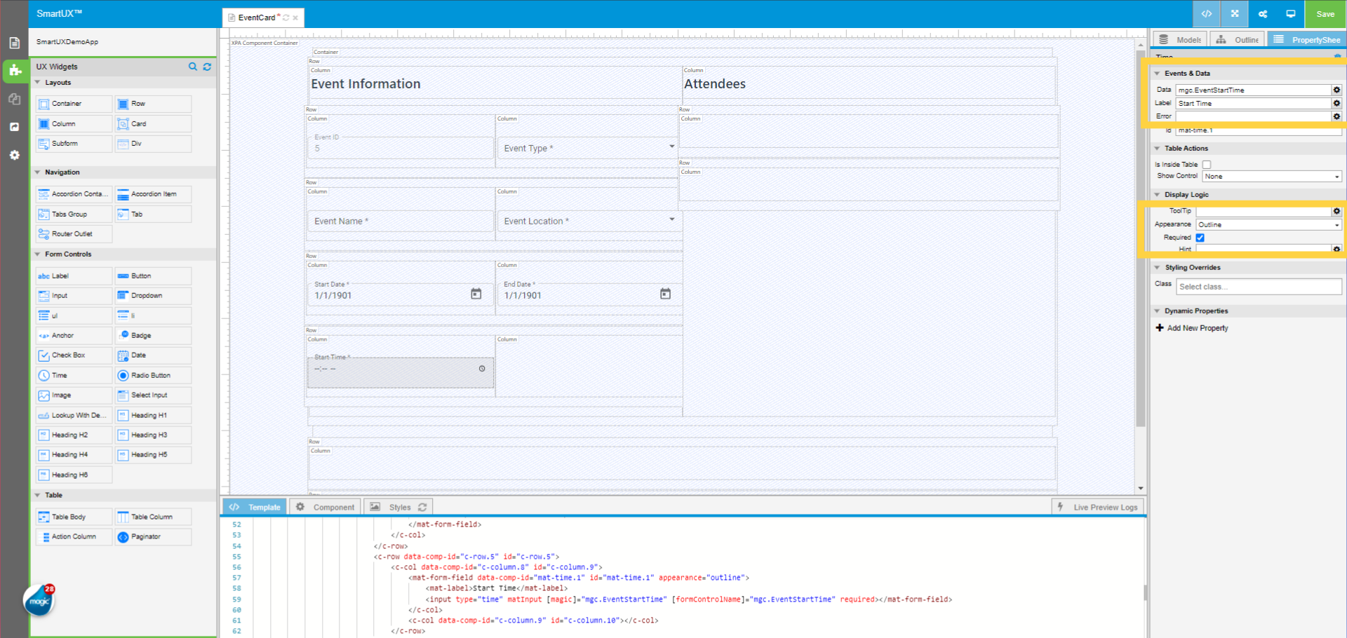 Set properties of Time widget for Start Time