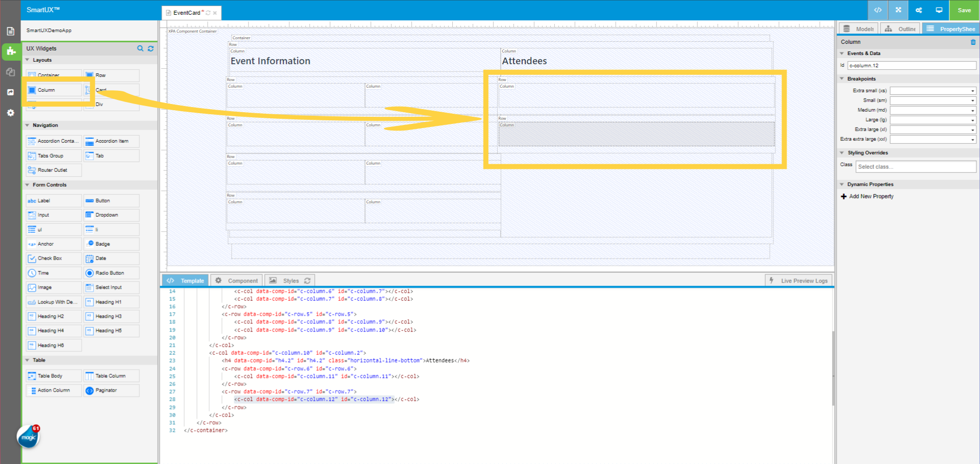 Drag and drop Columns inside the Rows below Attendees Heading