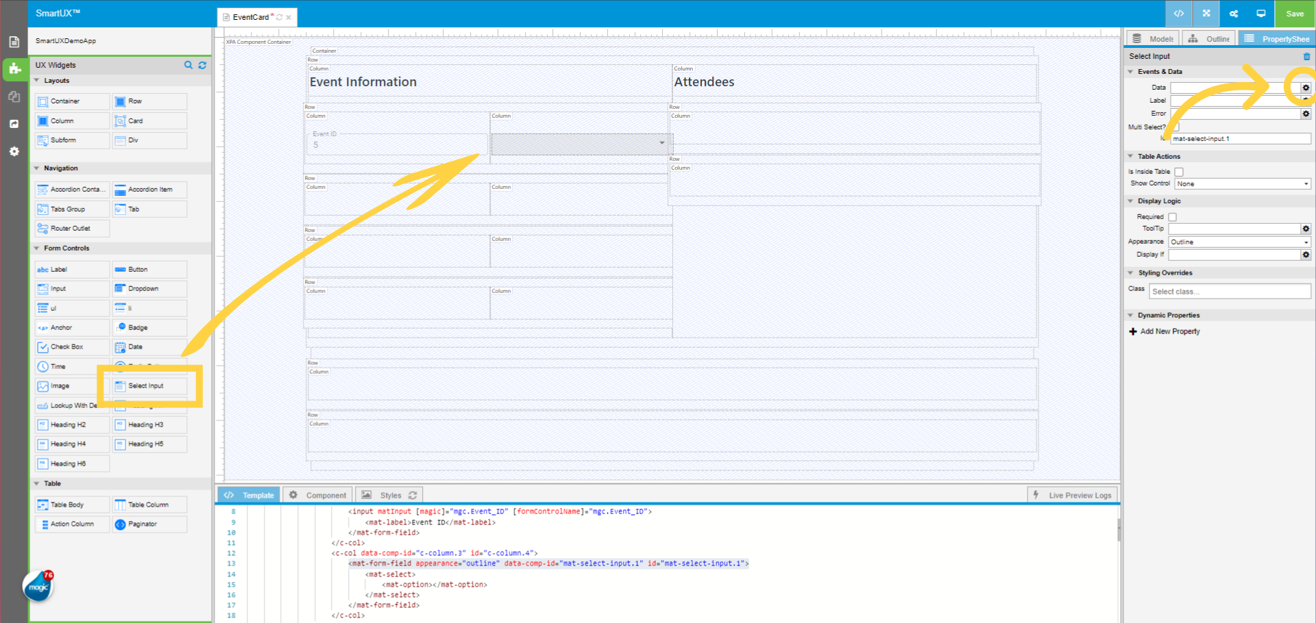 Drag and drop Input to Event Information first Row second Column