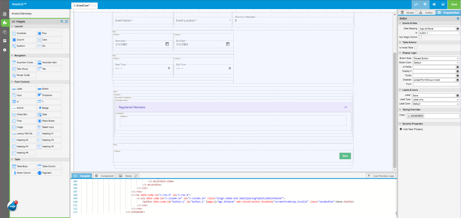Set properties of Button widget for Save operation