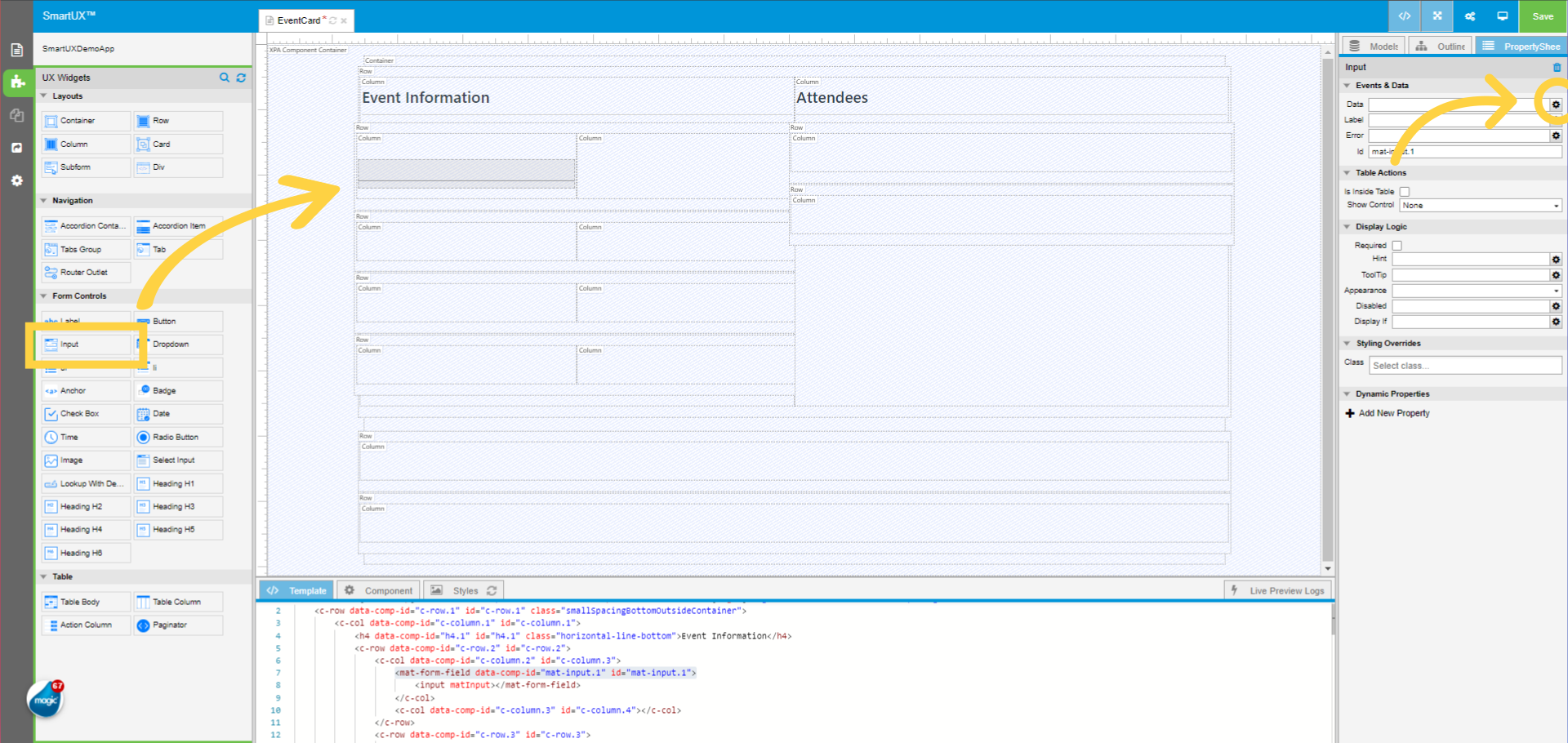Drag and drop Input to Event Information first Row first Column