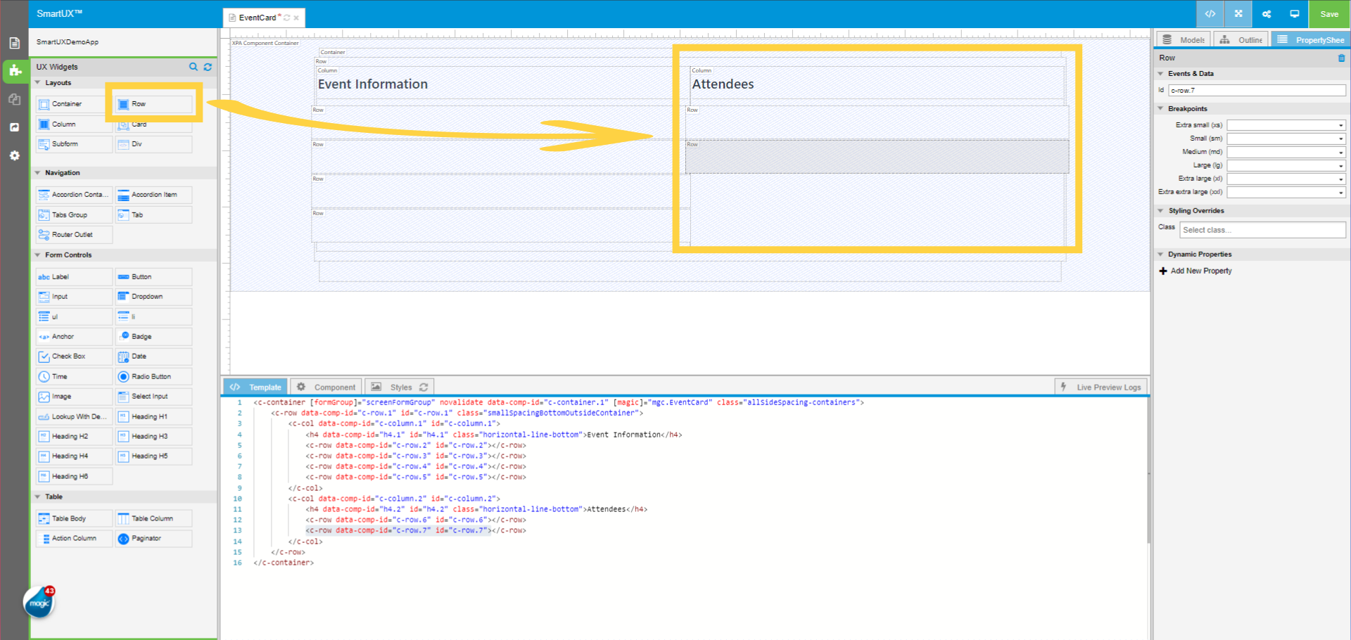 Drag and drop two Row widgets below the Heading Attendees
