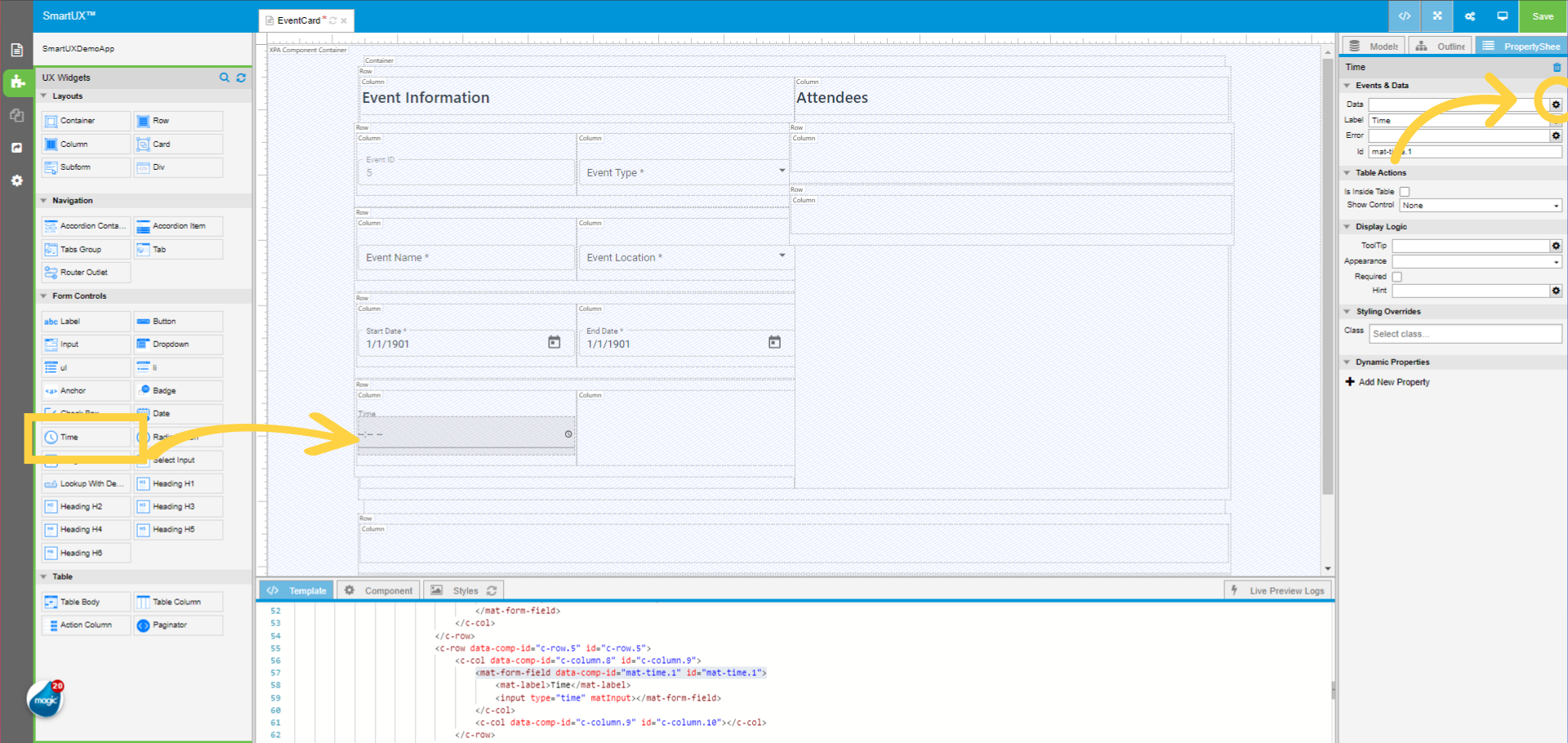 Drag and drop Time widget to Event Information Fourth Row inside the First Column