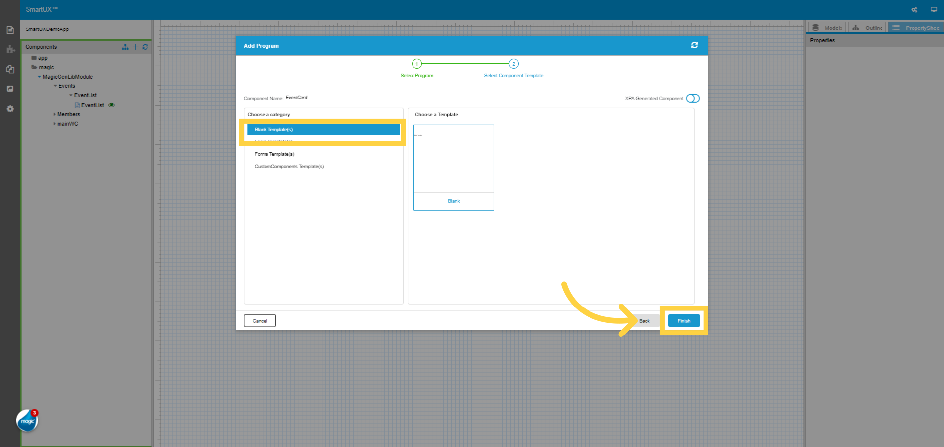 Select Component Template for EventCard Program