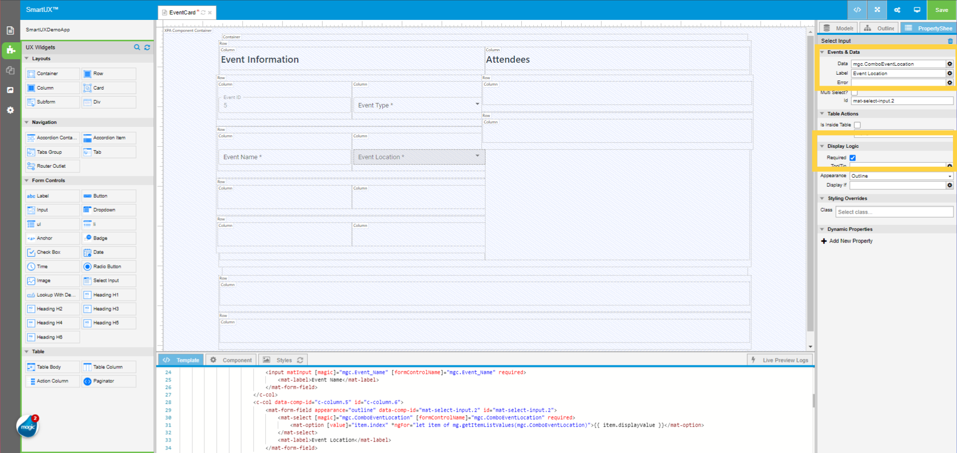 Set properties for Select Input for Event Location