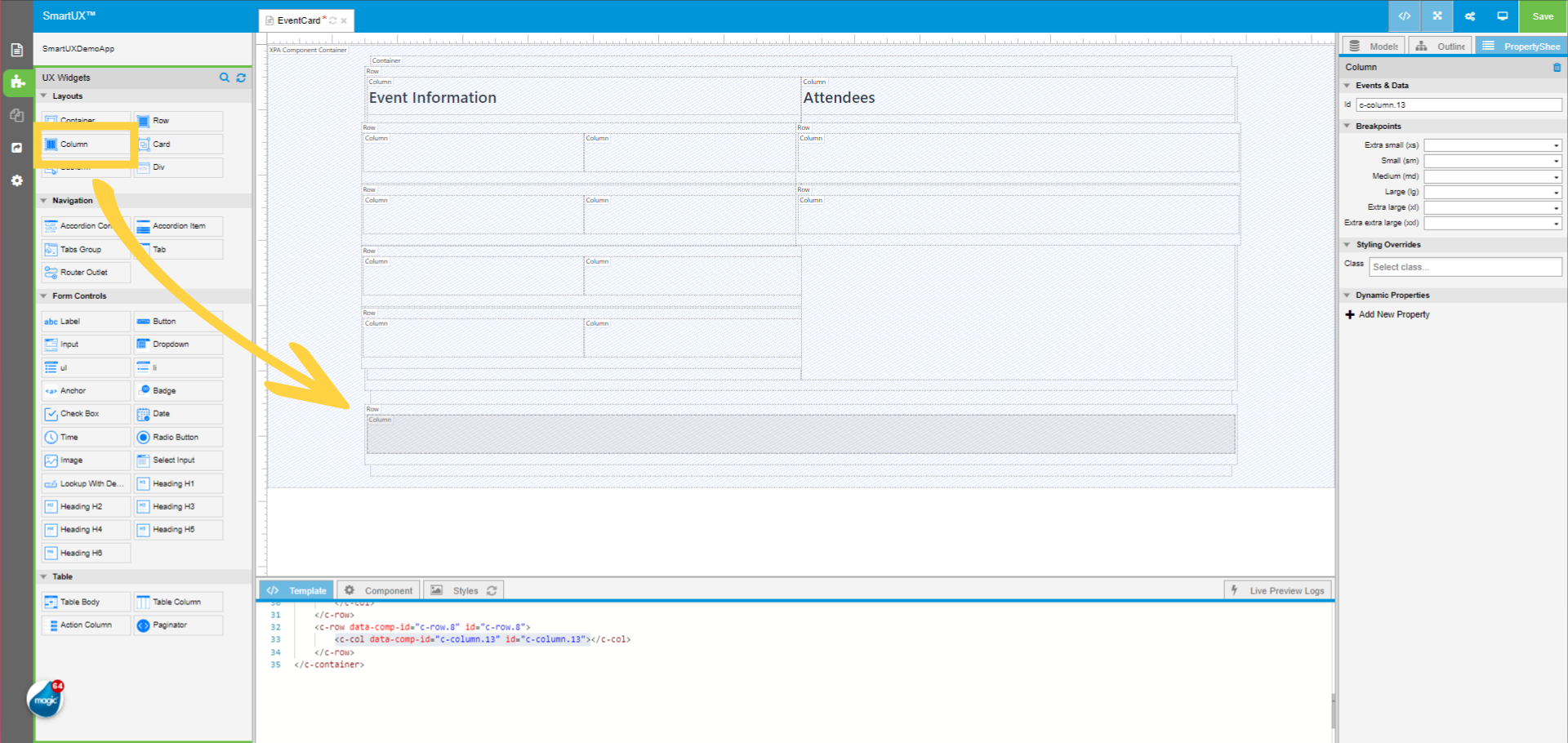 Drag and drop the Column inside the last dropped Row