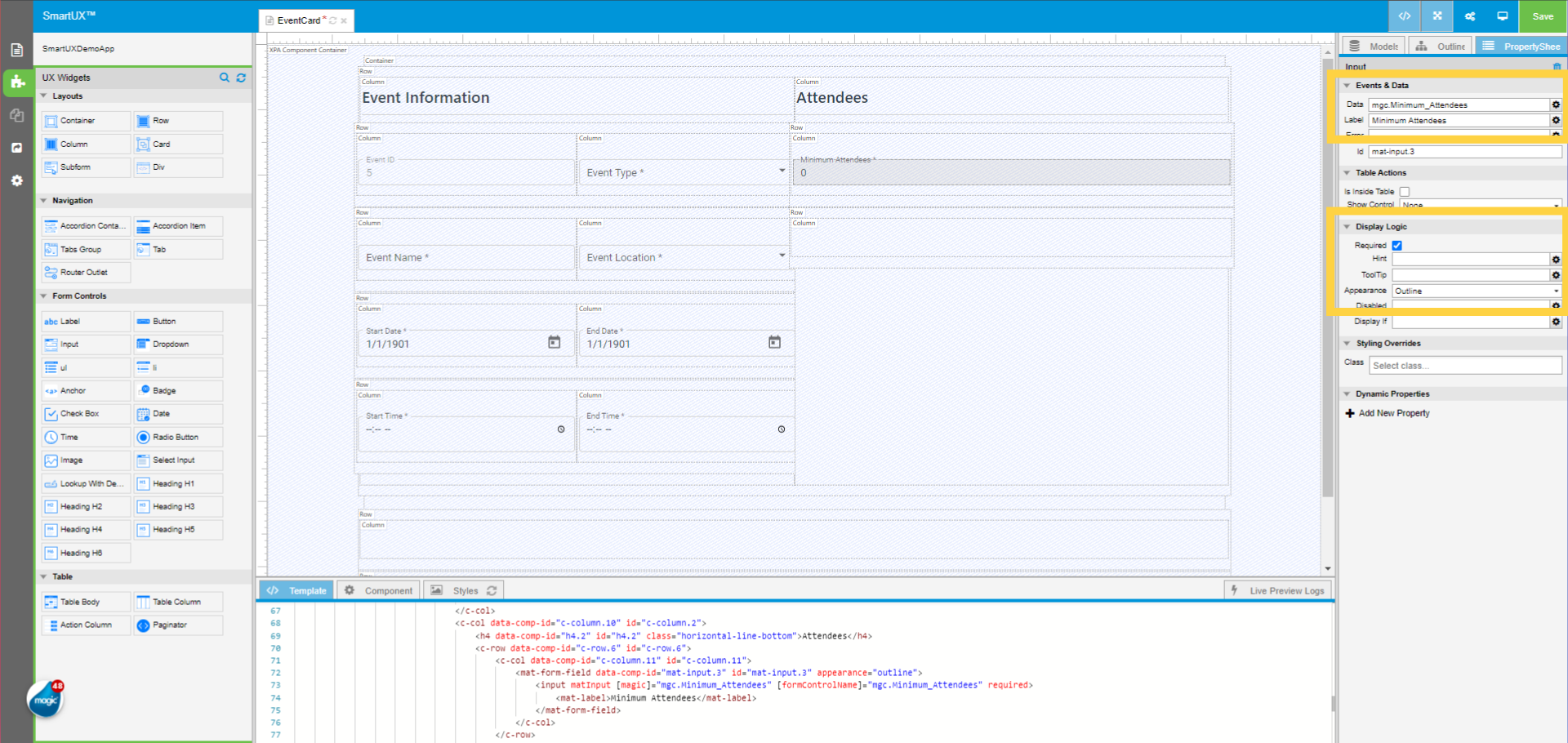 Set properties of Input widget for Minimum Attendees