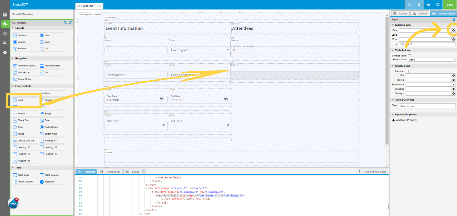 Drag and drop the Input widget to Attendees Second Row inside the First Column