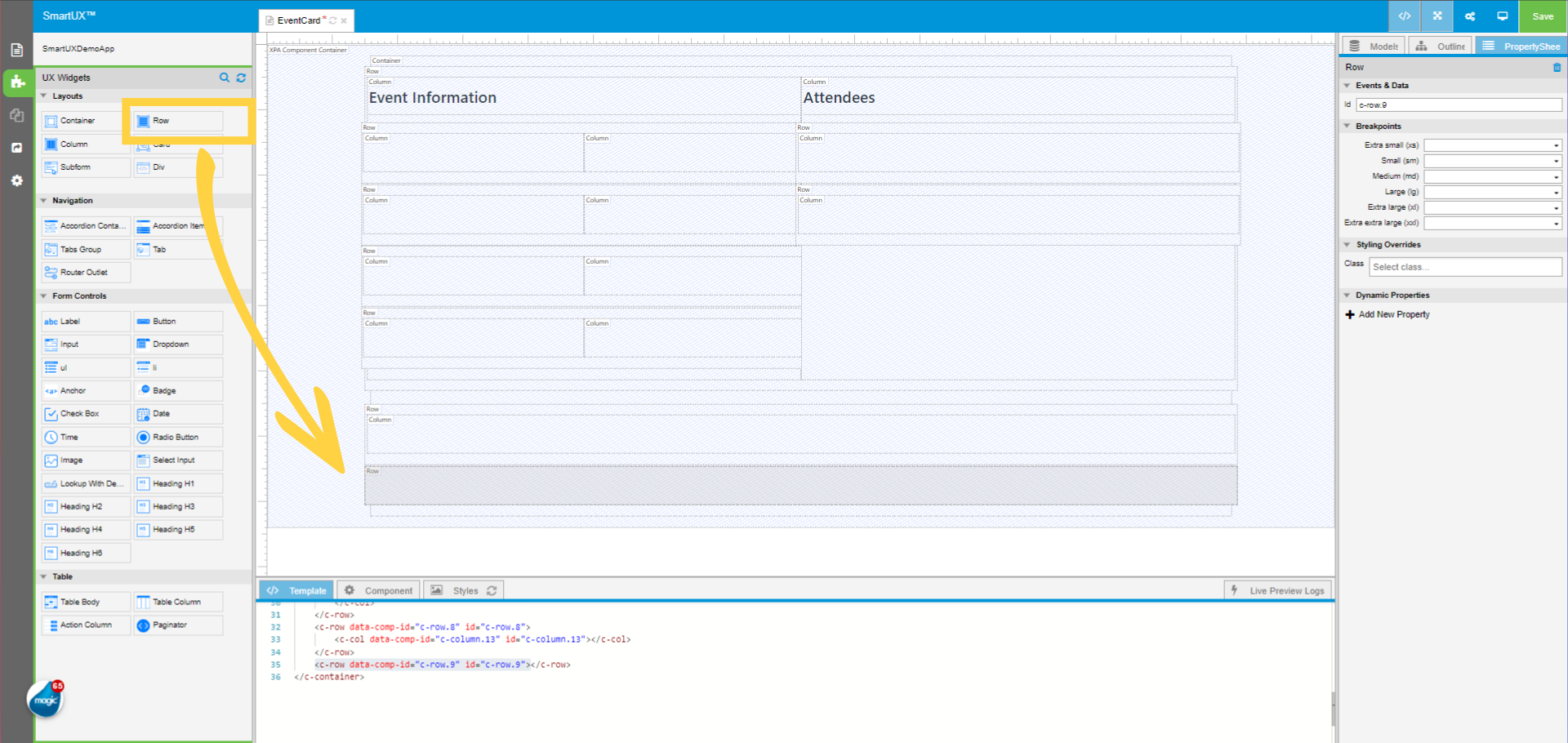Drag and drop another Row below last dropped Row