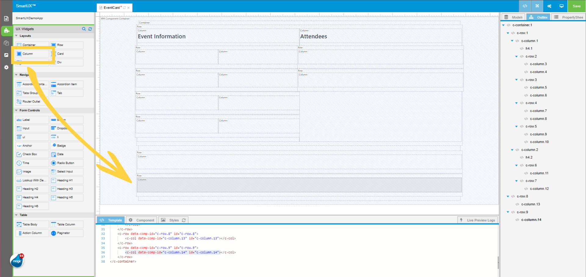 Drag and drop the Column inside the last dropped Row