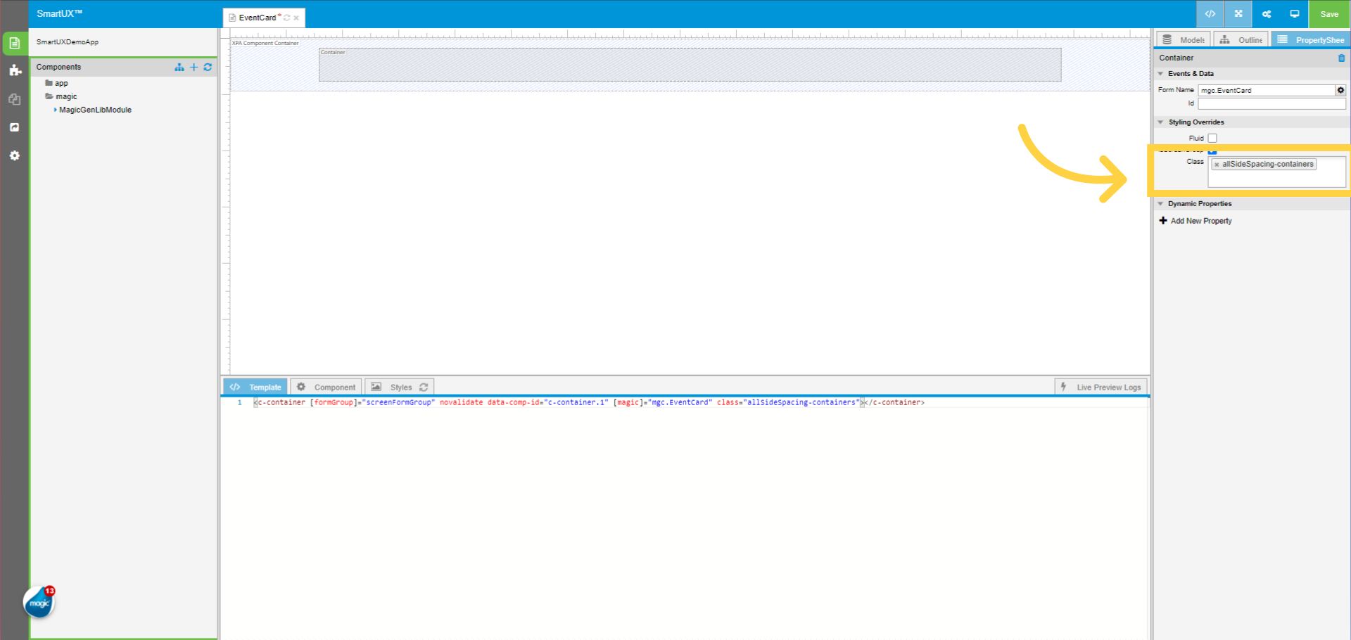Assign Class property to Container
