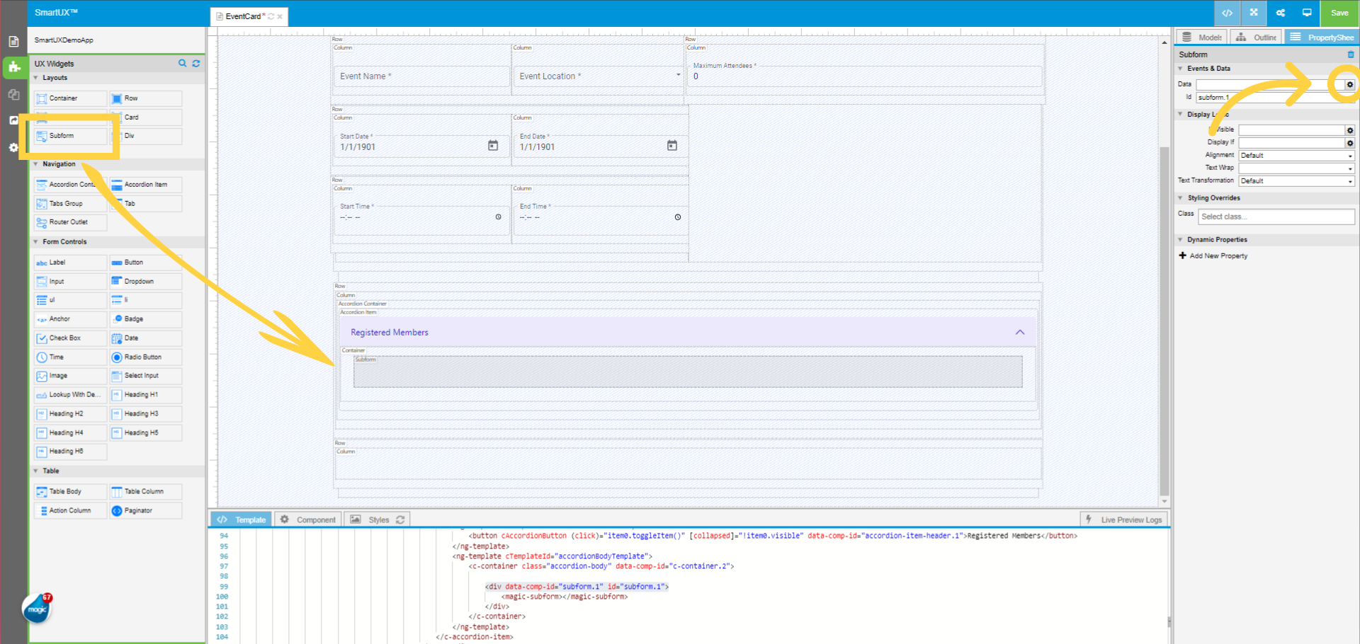 Drag and drop the Subform widget inside the Accordion Item Container