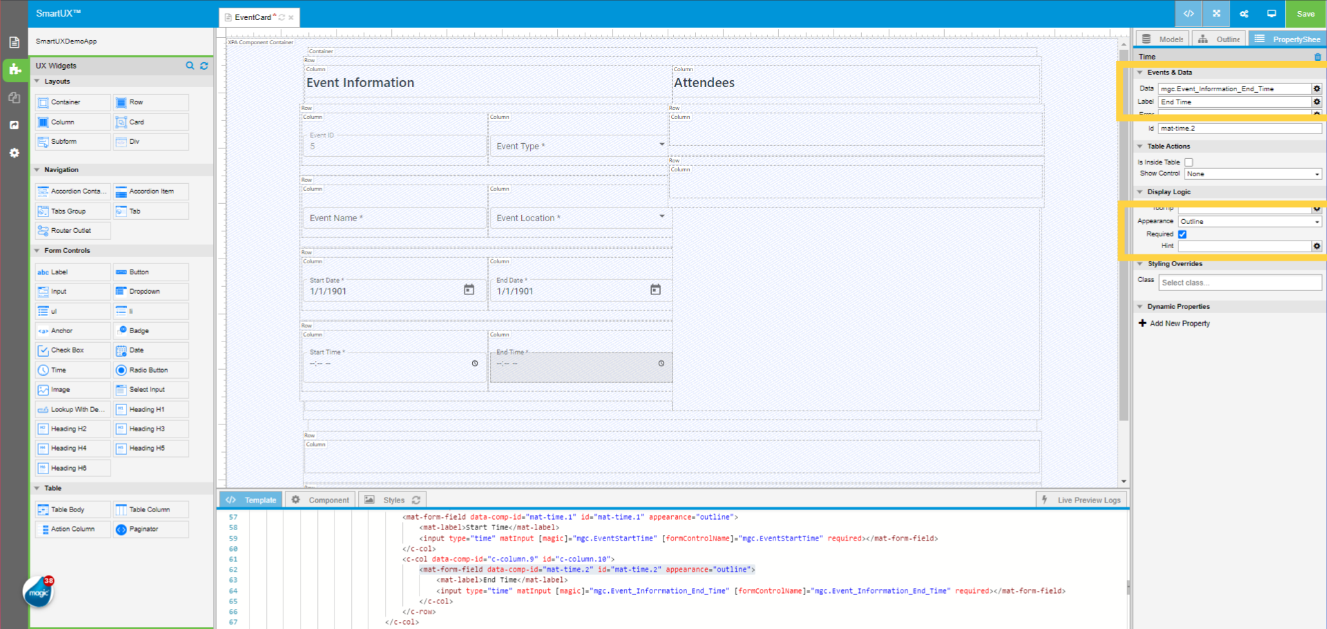 Set properties of Time widget for End Time