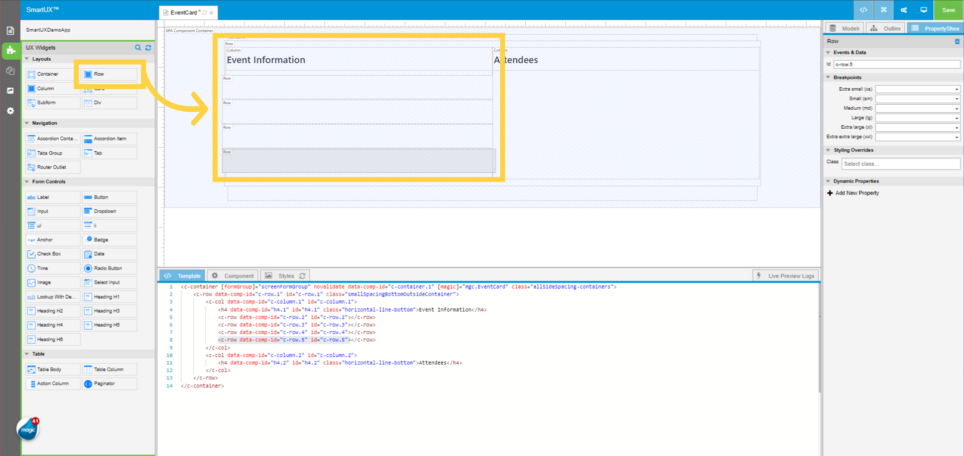 Drag and drop four Row widgets below the Heading Event Information