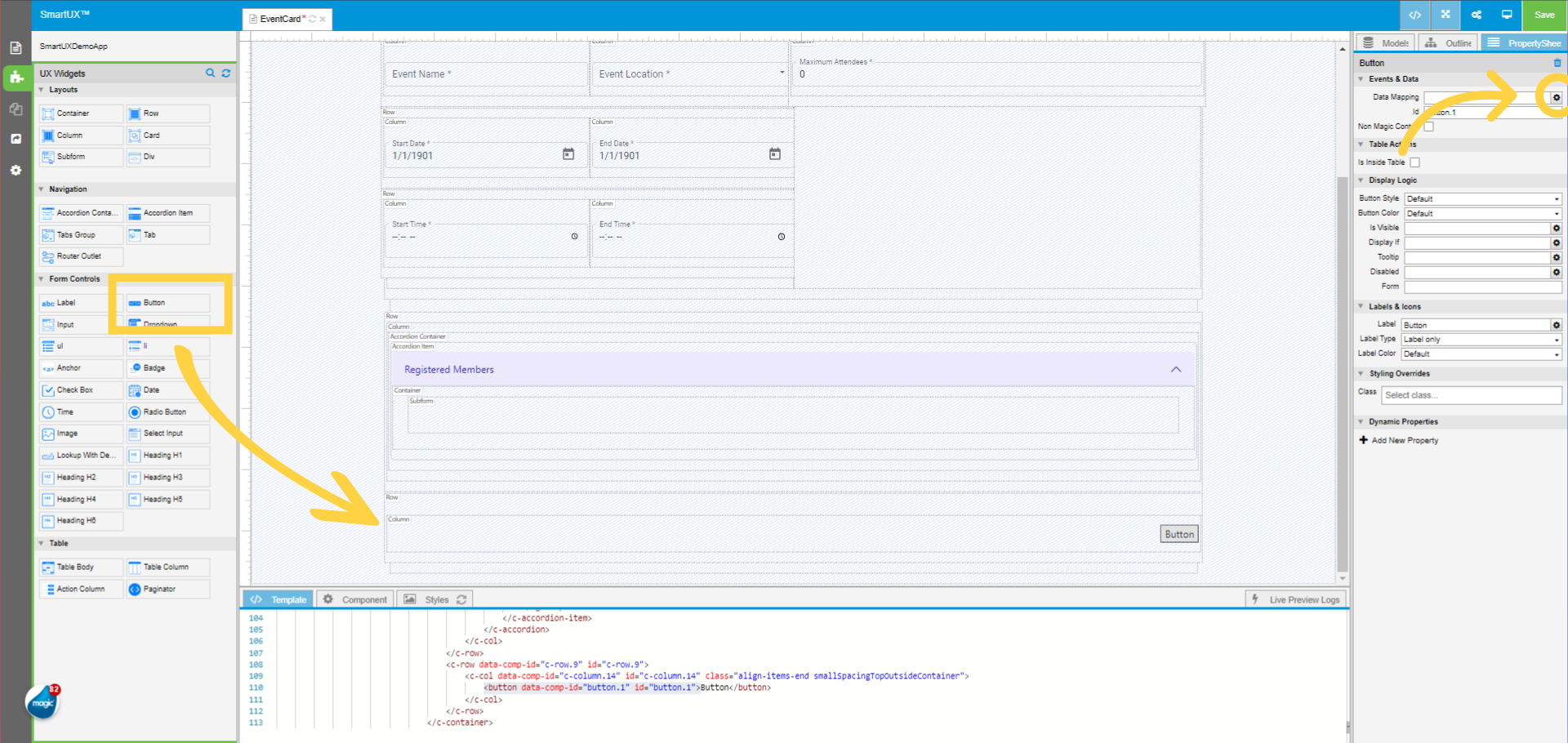 Drag and drop the Button widget for Save