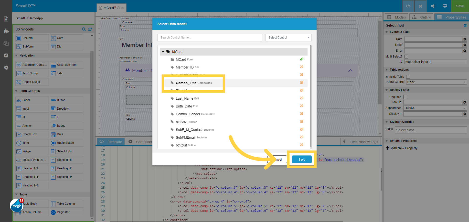 Select the Title Combo Box Data Model for Select Input