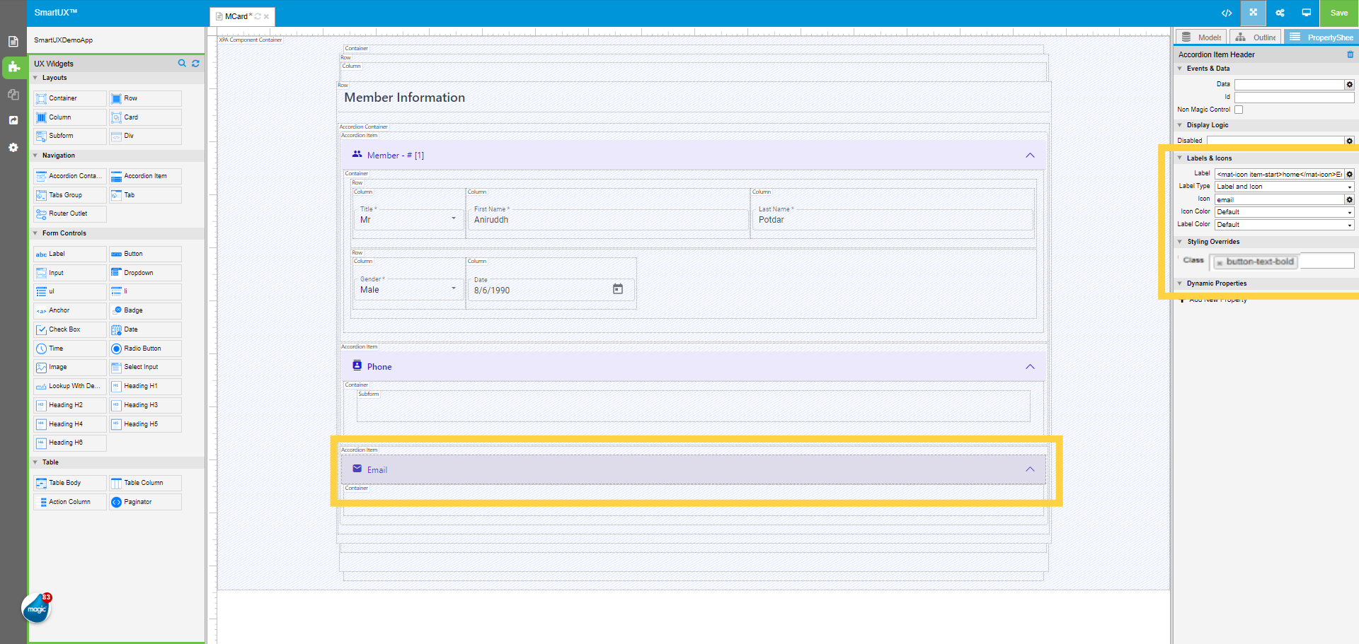 Set Labels & Icons properties of Accordion Item Header