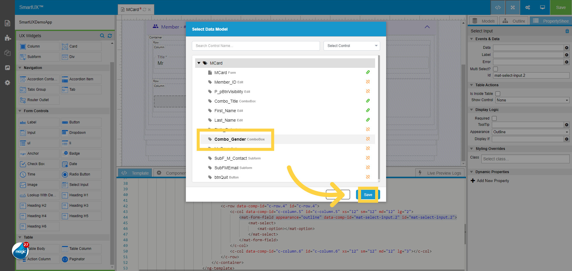 Select the Gender Combo Box Data Model for Select Input
