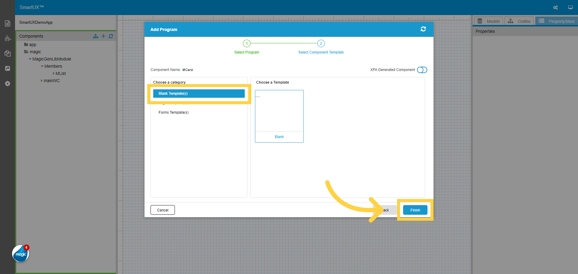 Select Component Template for MCard Program
