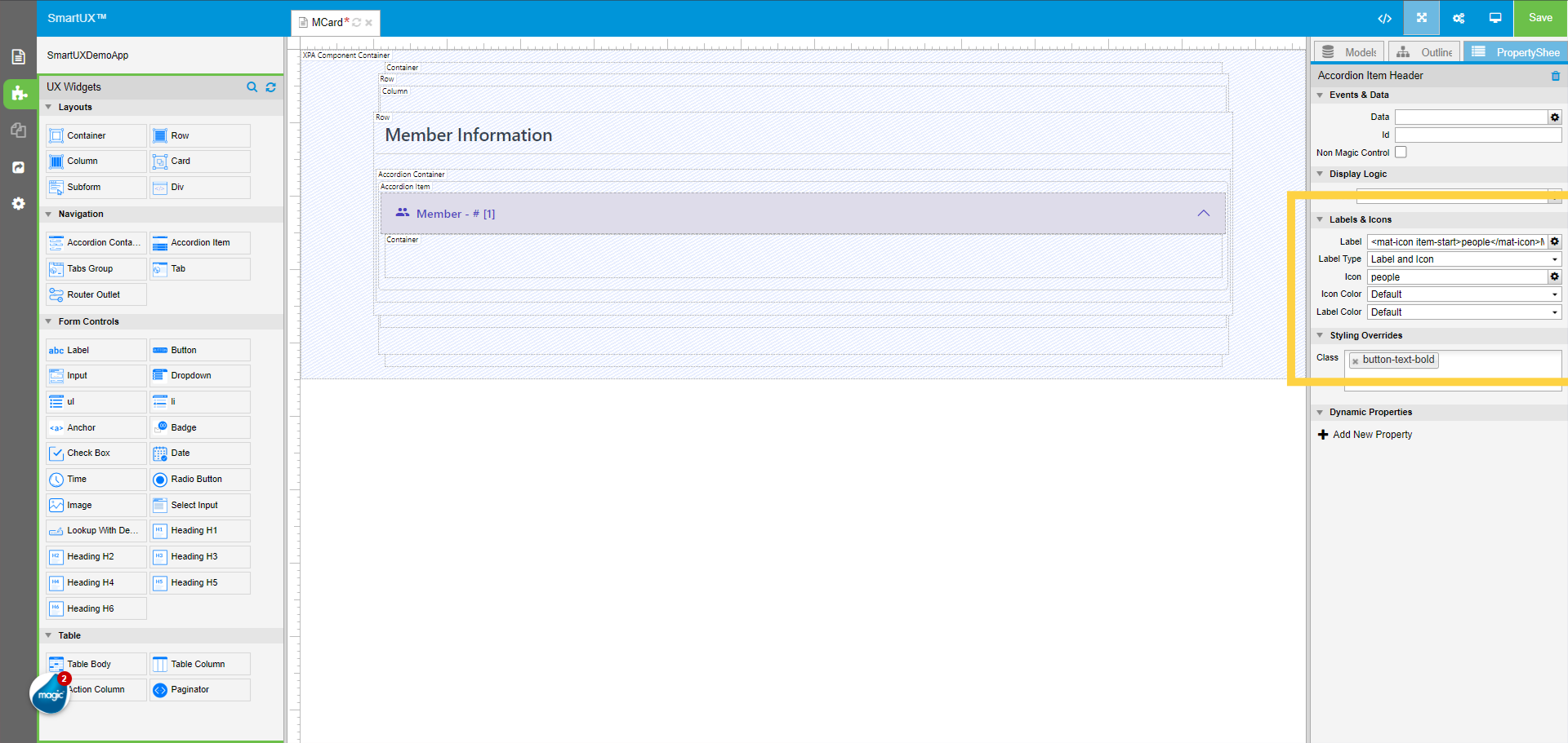 Set Labels & Icons properties of Accordion Item Header