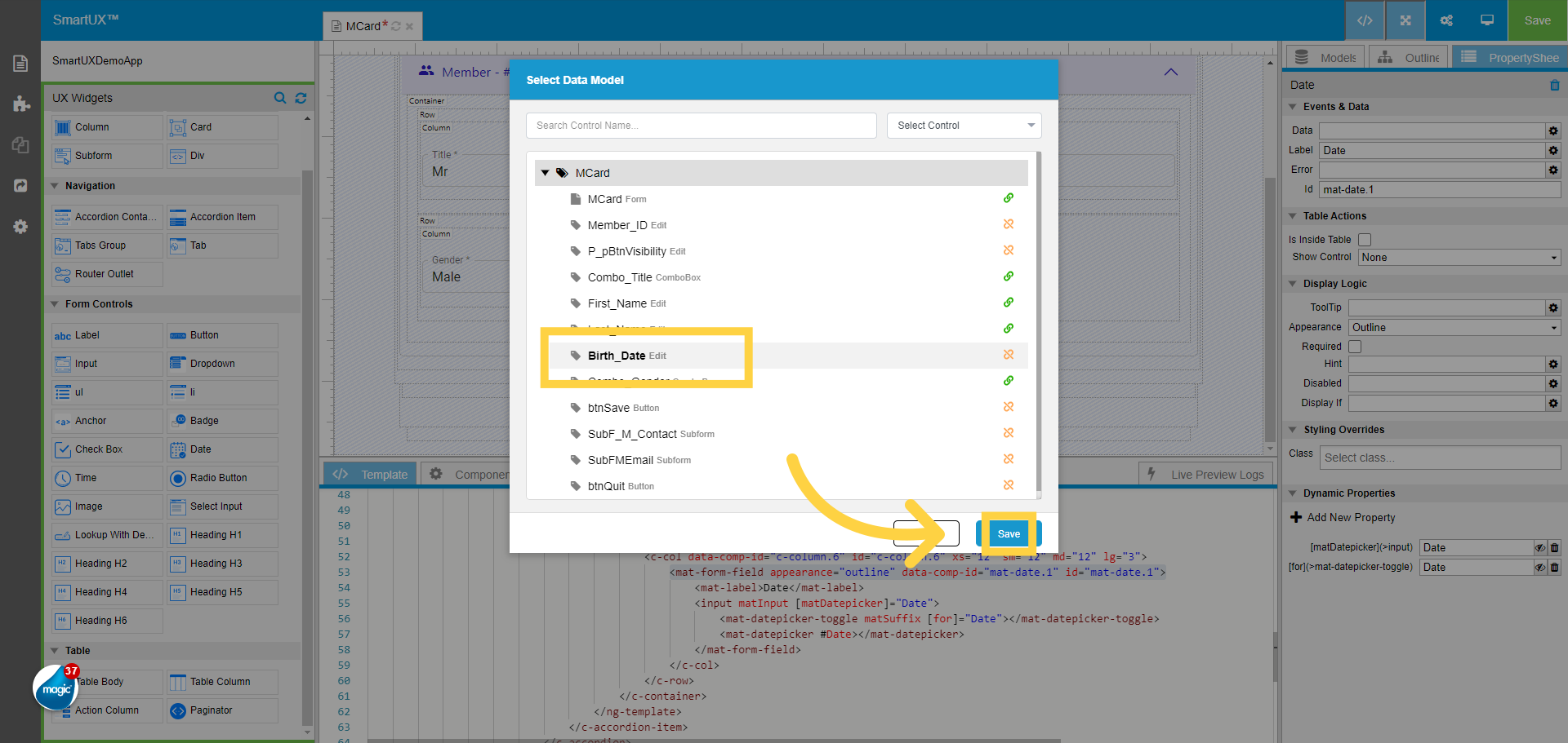 Select the Birth Date Edit Data Model for Date widget