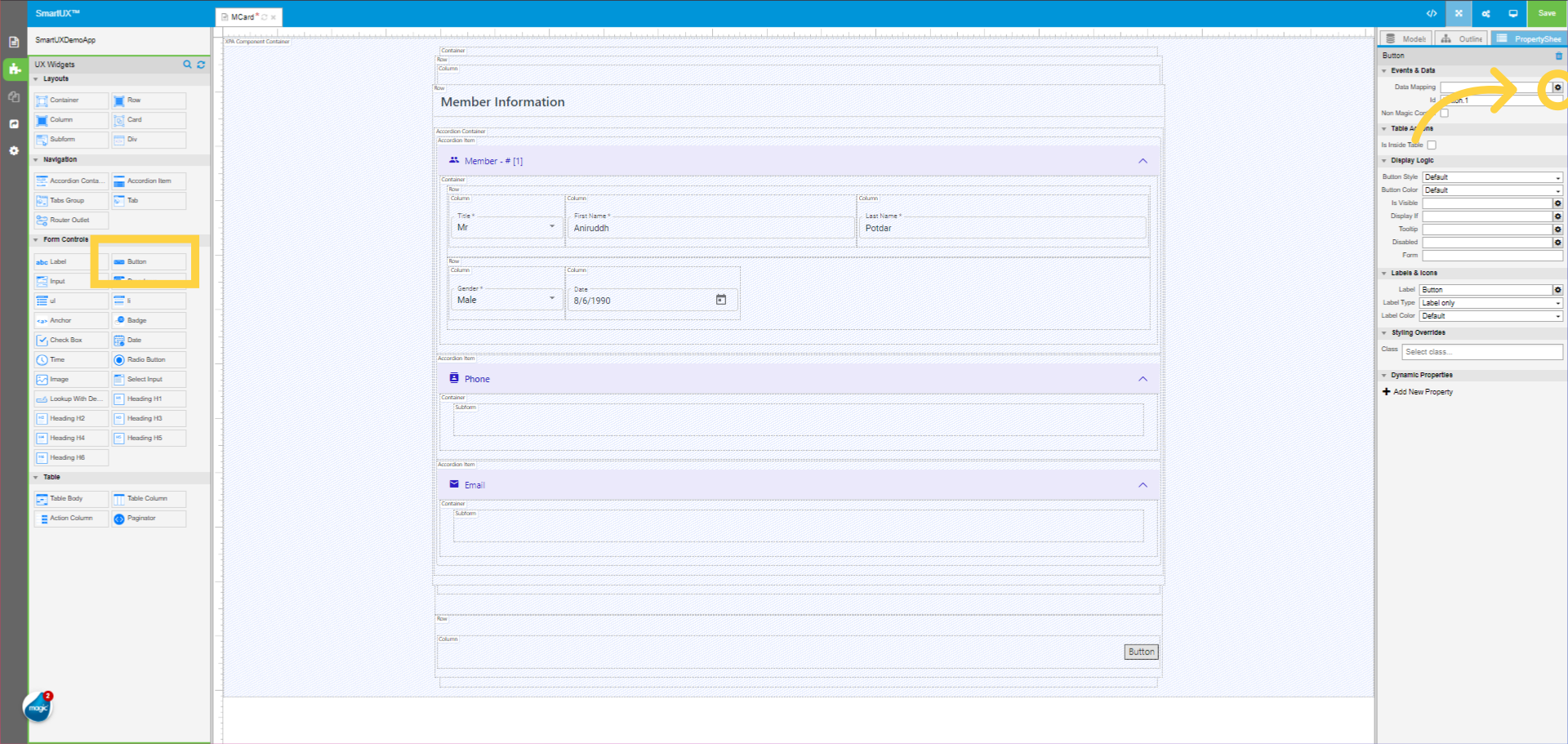 Drag and drop the Button widget inside the Last dropped Column