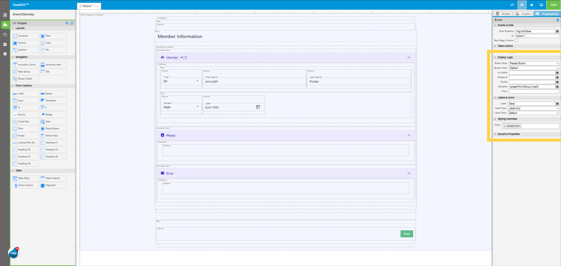 Set properties for Save button