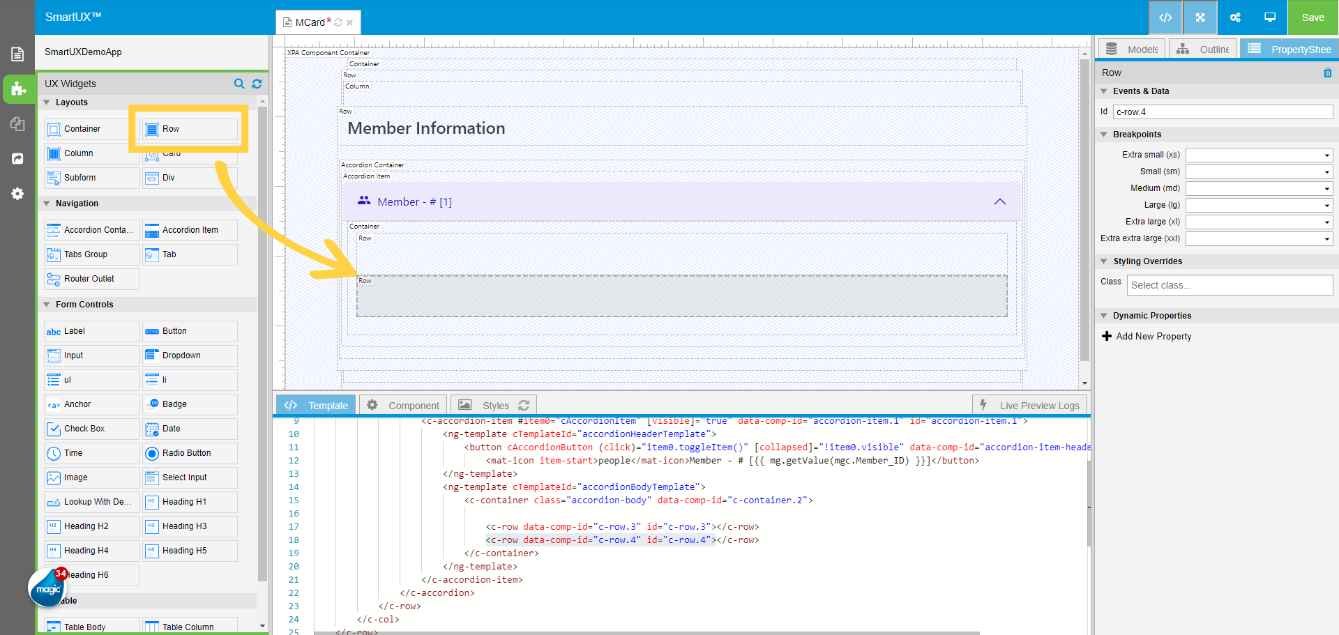 Drag and drop another Row widget below last one