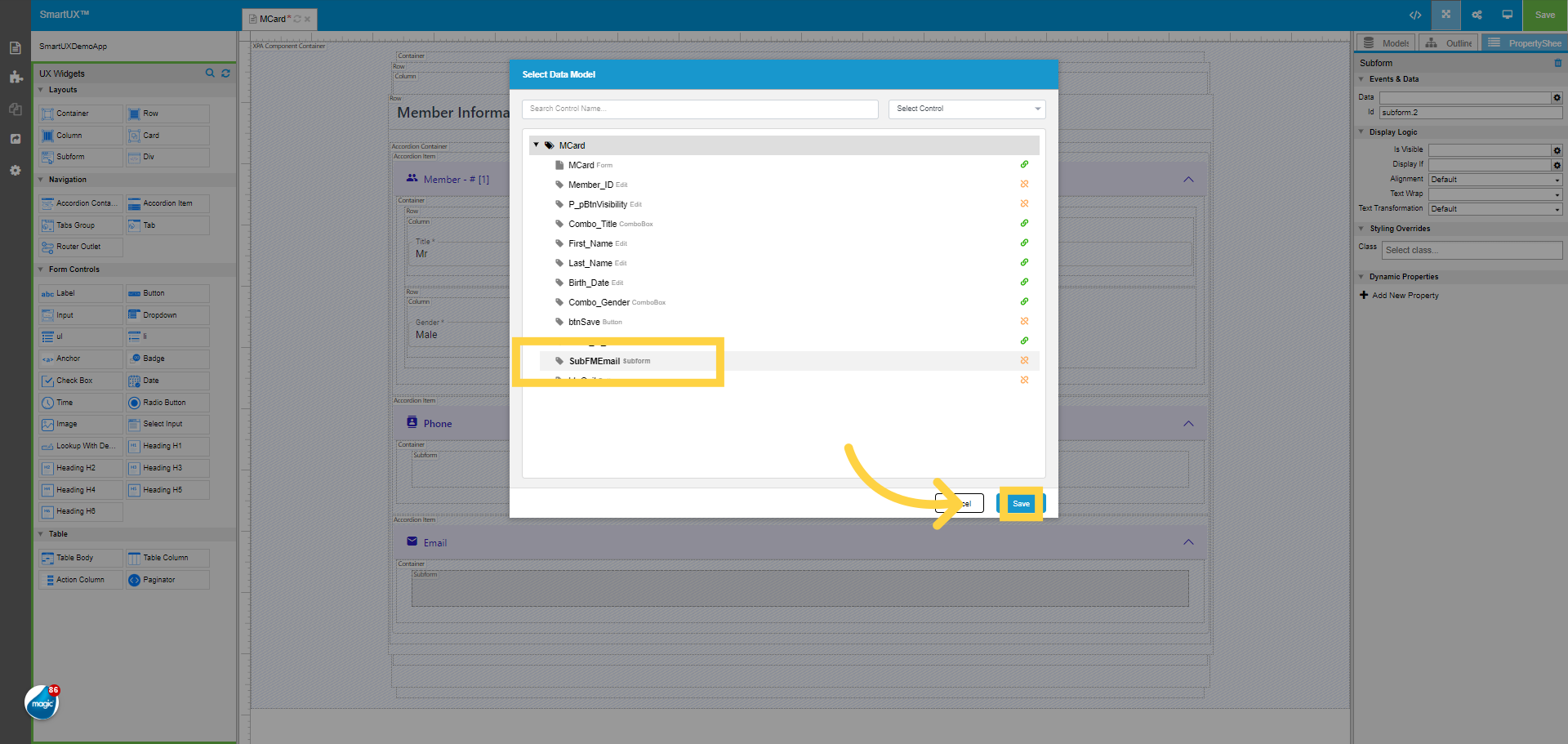 Select the SubFMEmail Subform Data Model for the Subform widget