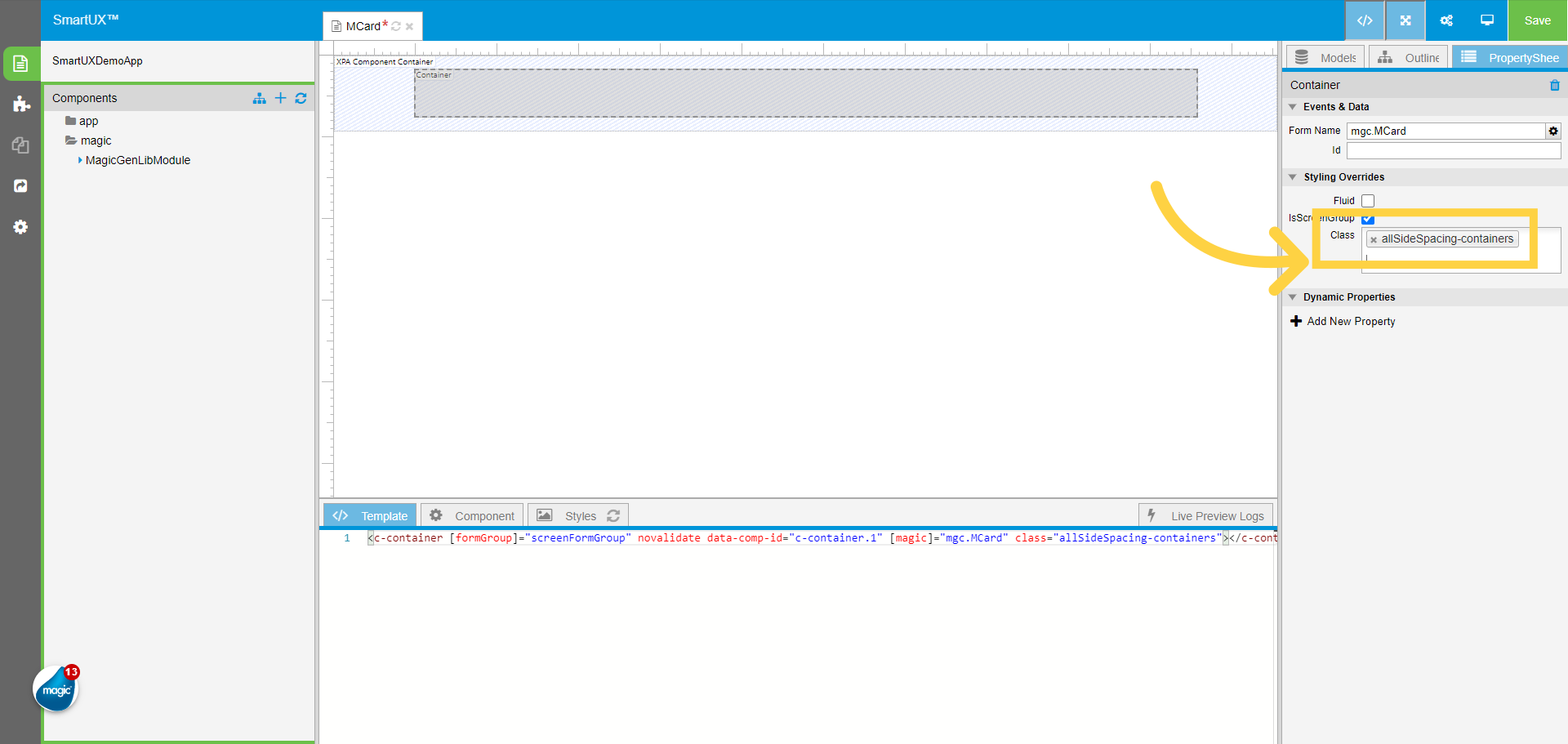 Assign Class property to Container