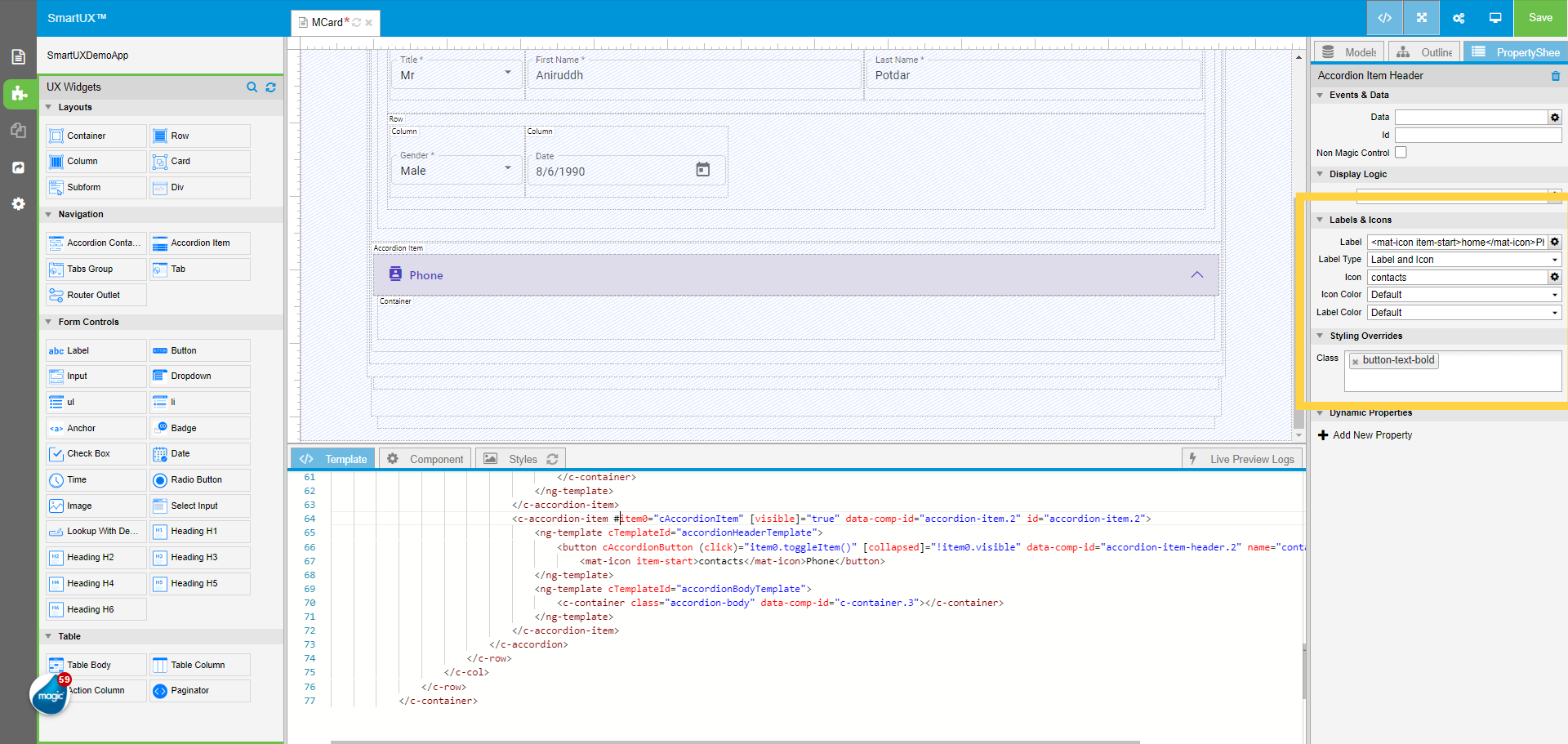 Set Labels & Icons properties of Accordion Item Header