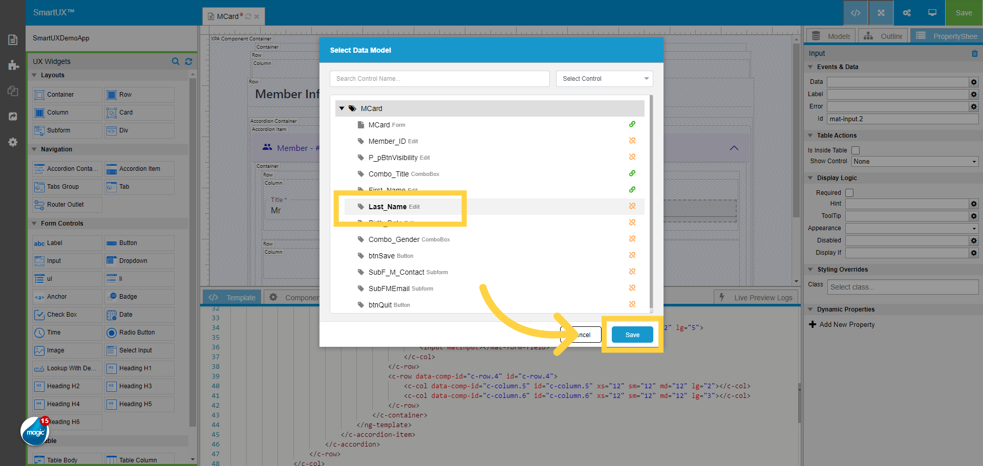 Select the First Name Edit Data Model for Input
