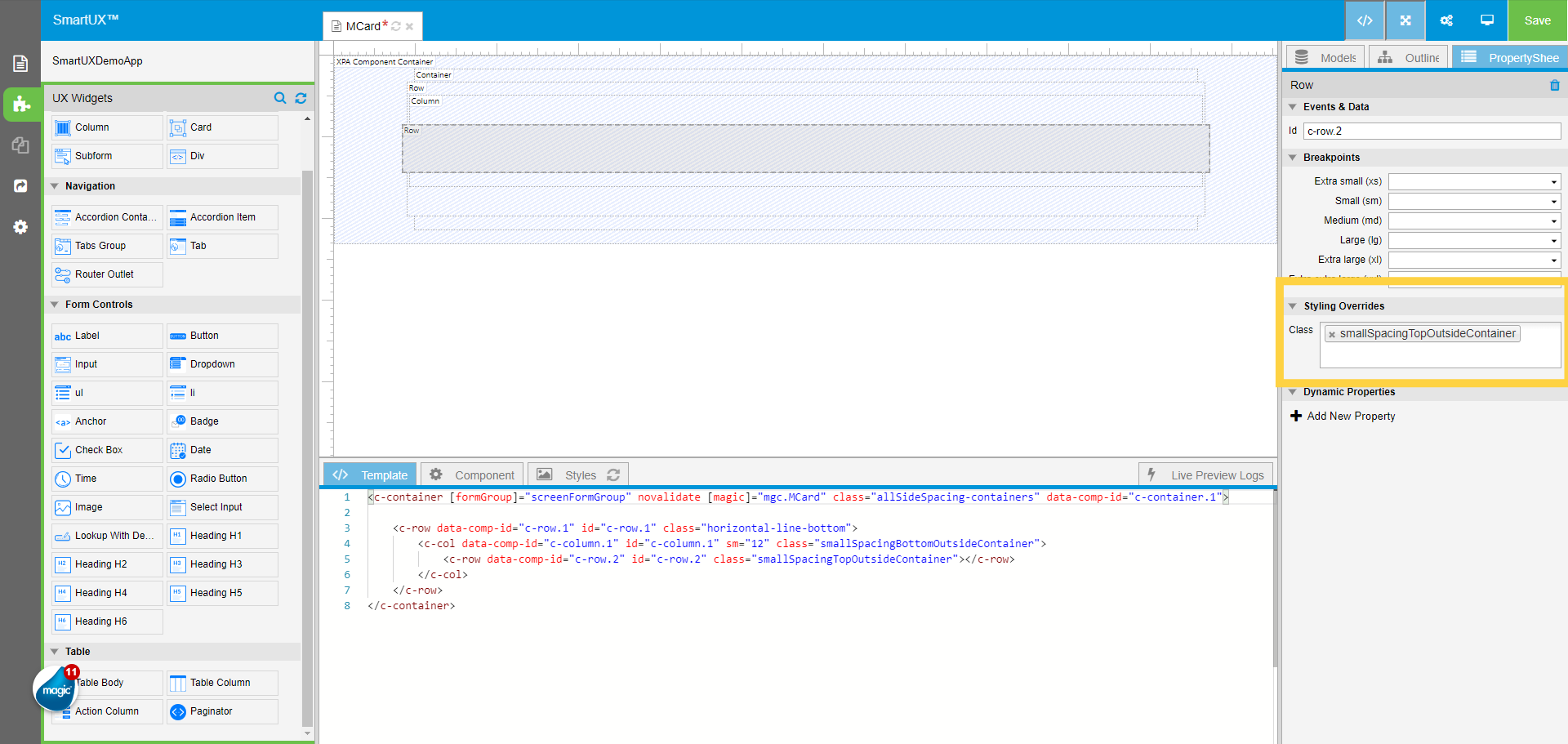 Drag and drop Row widget inside the Column widget
