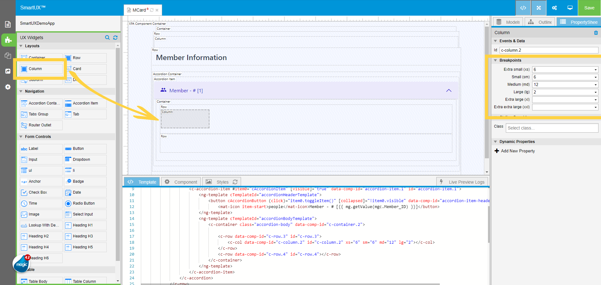 Drag and drop the Column inside the First Row