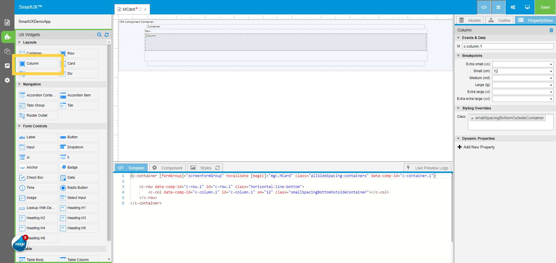 Drag and drop the Column widget and assign Class Property