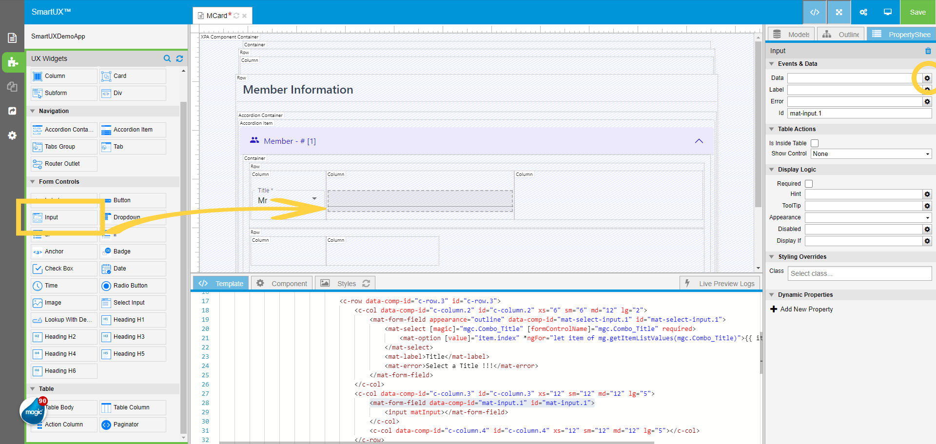 Drag and Drop Input in the second Column of the First Row of Accordion Item Container