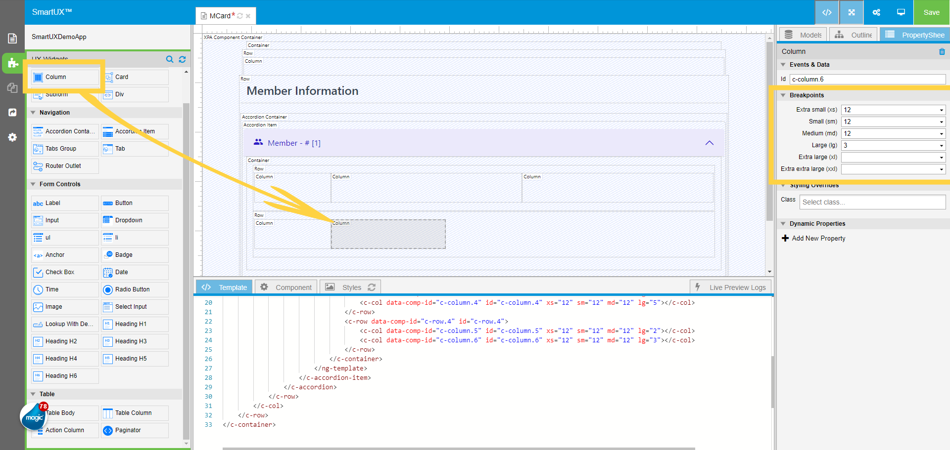 Drag and drop another Column inside the Second Row