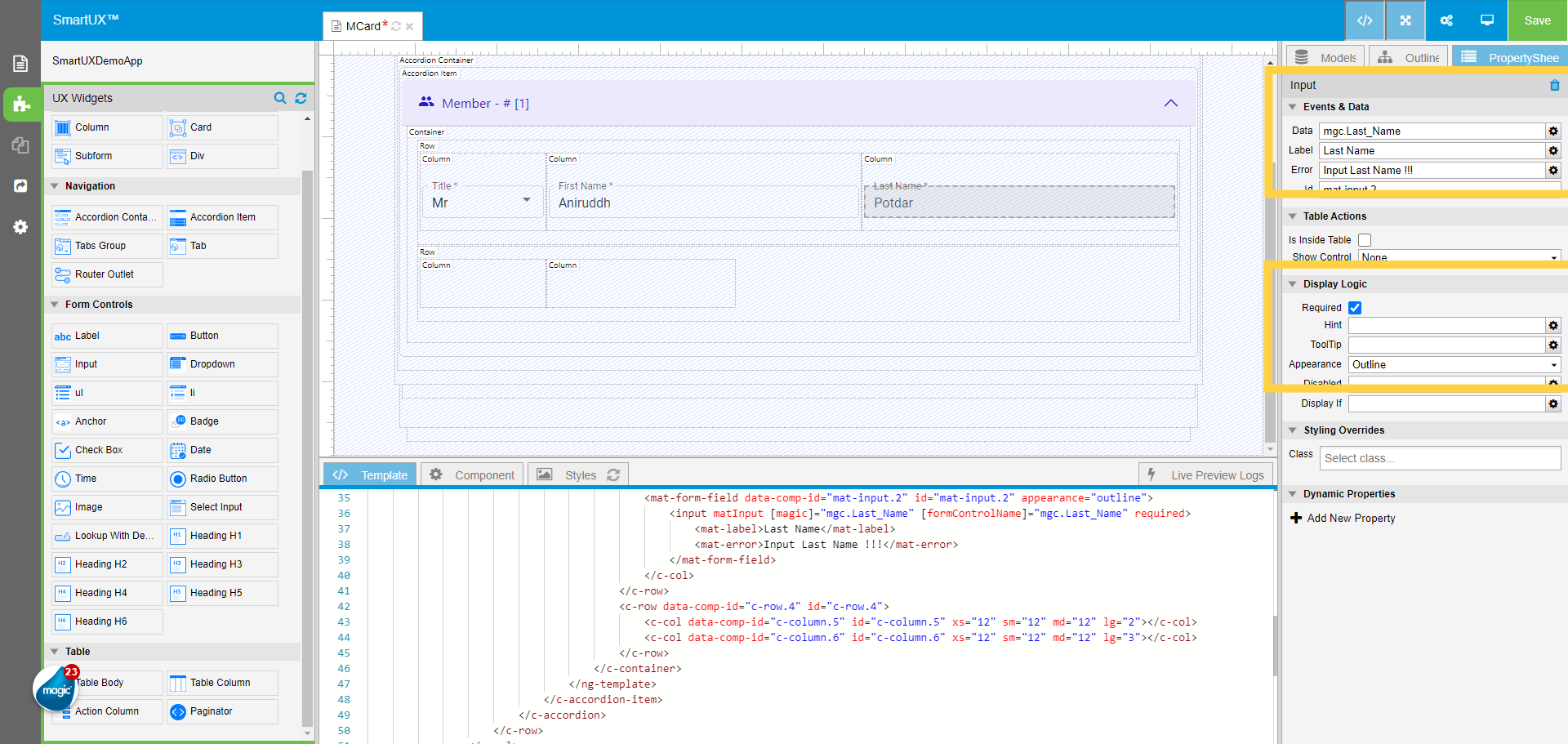 Set Input Properties for Last Name