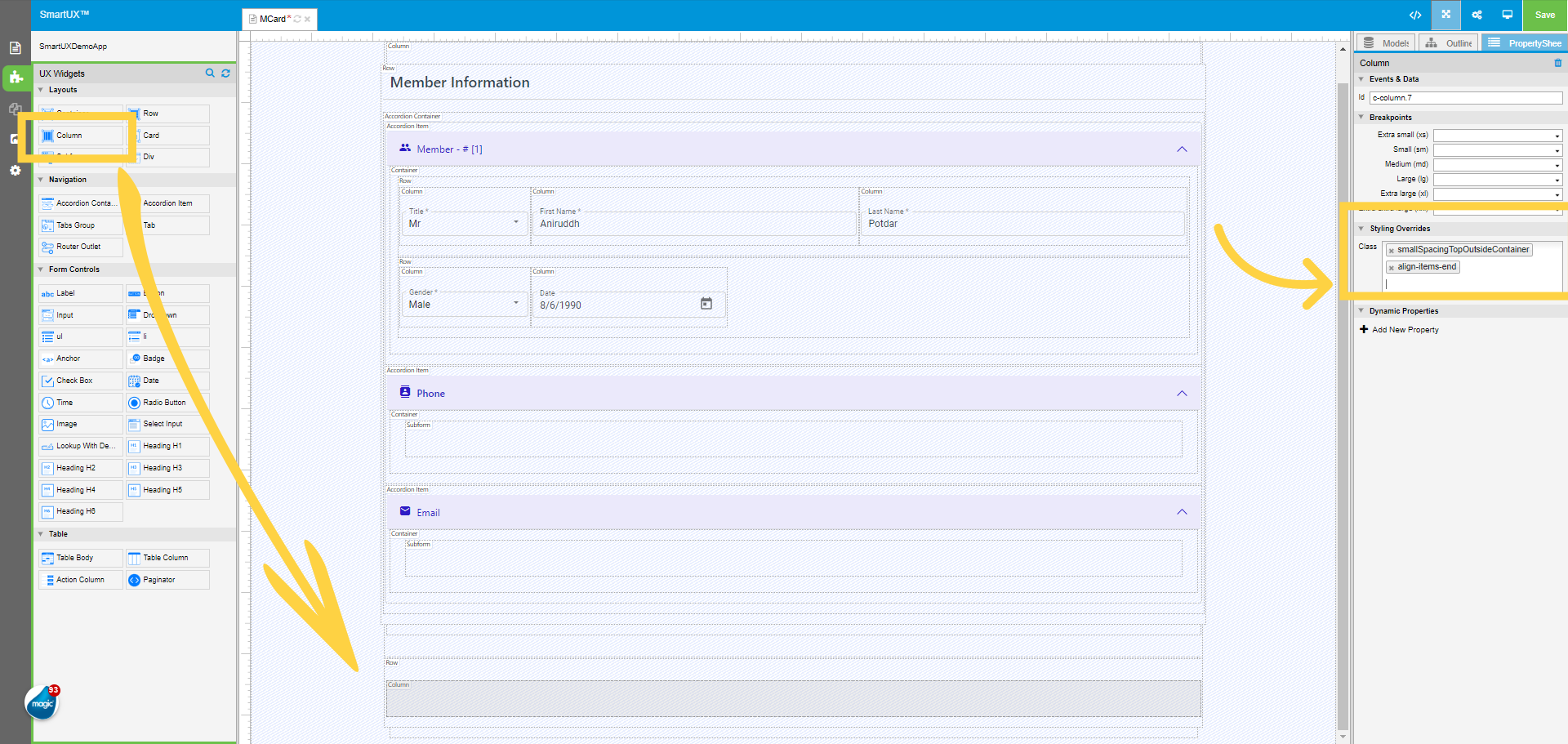 Drag and Drop the Column inside the Last dropped Row