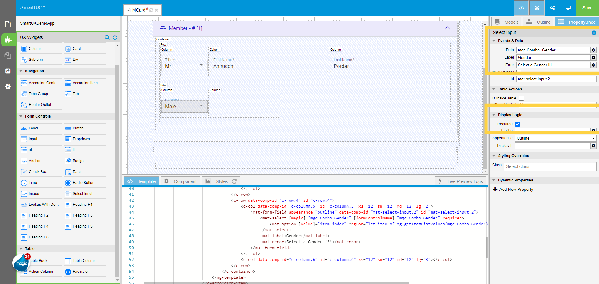 Set Select Input Properties for Gender
