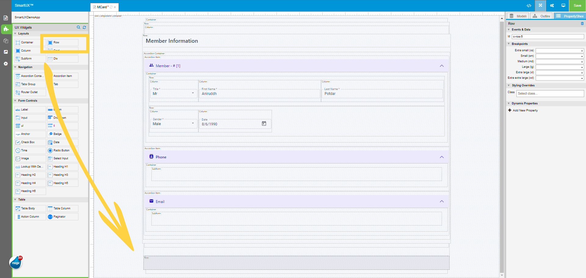 Drag and Drop Row widget in MCard  (top) Container