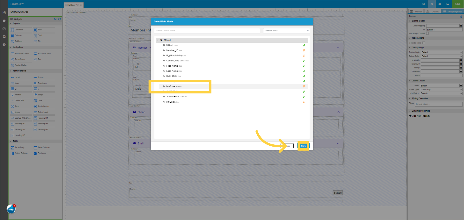 Select Data Model for the Save Button